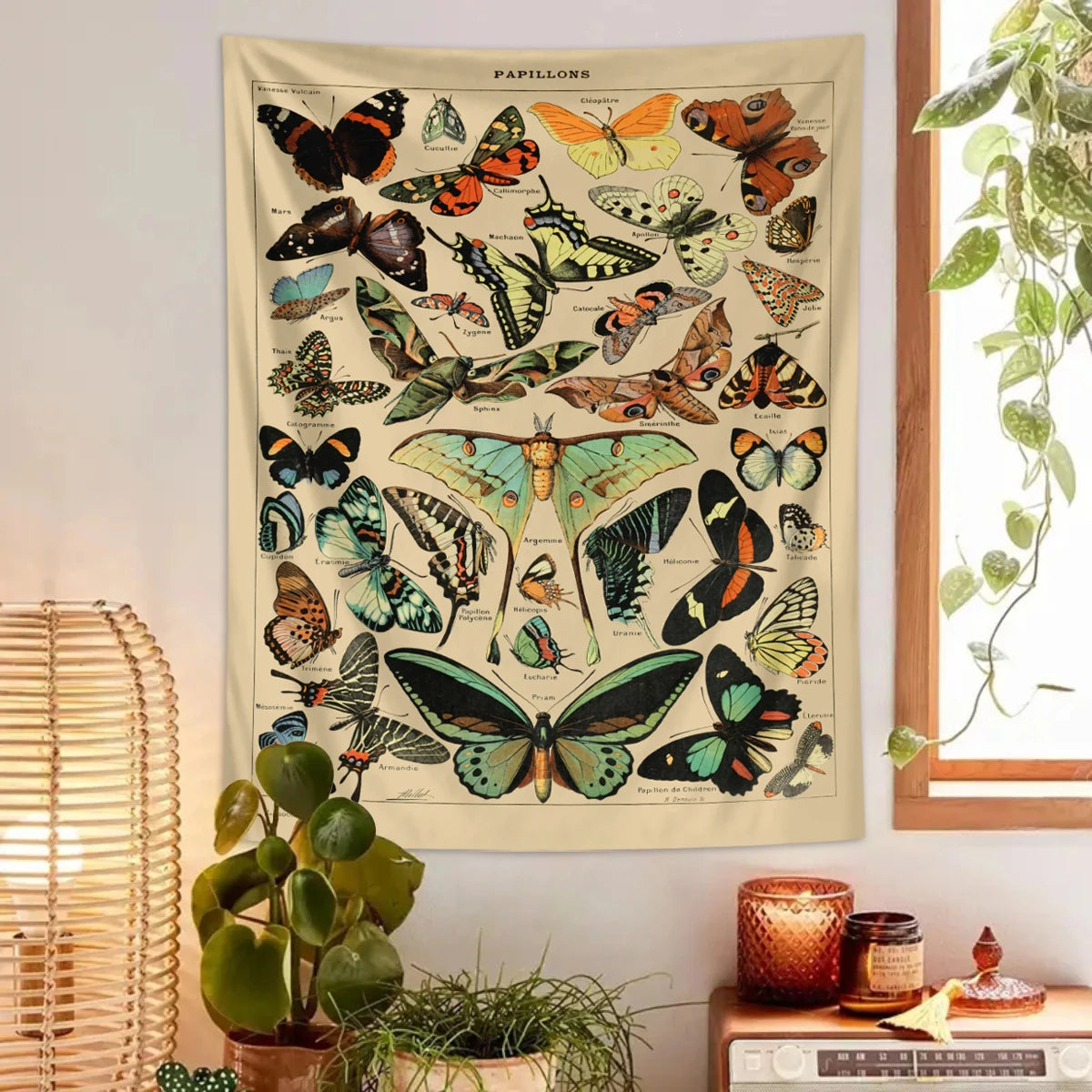 tapisserie murale vintage papillons colorés clips polyester rectangle chambre coucher decoration nostalgie