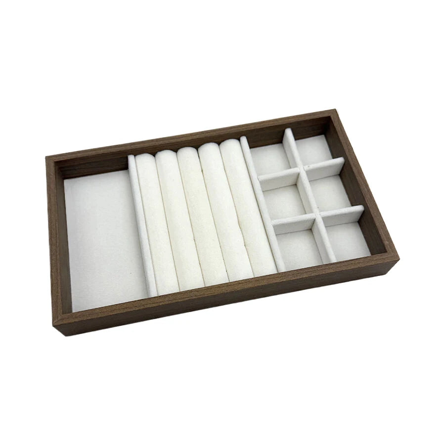 boîtes bijoux velours blanc bois marron clair moderne minimaliste rangement colliers bagues boucles d'oreilles