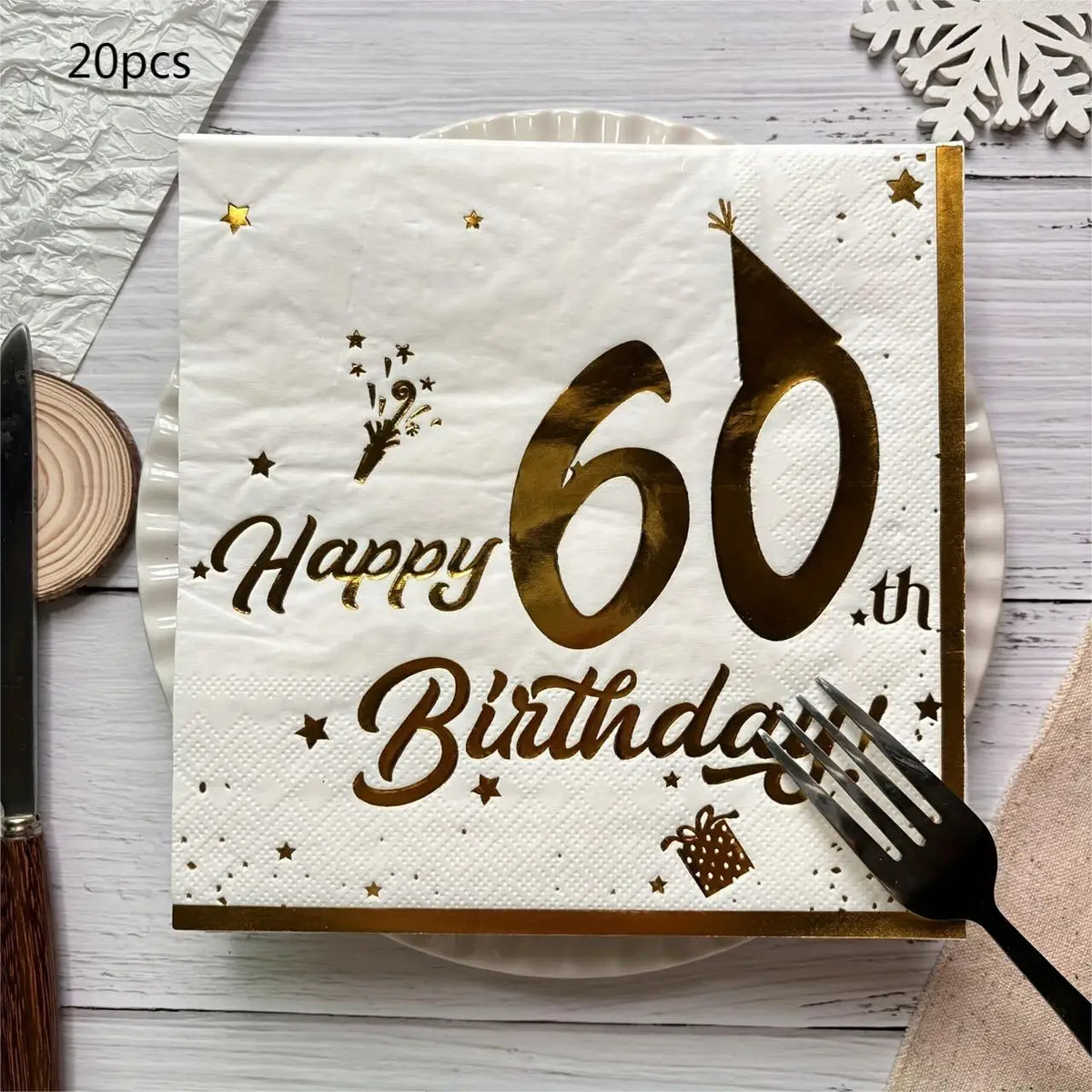 serviettes papier anniversaire blanc doré élégantes fêtes lettres étoiles chapeau cadeau festives