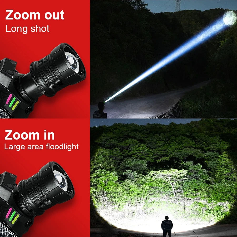 lampe frontale led super brillante longue portée rechargeable pêche chasse camping
