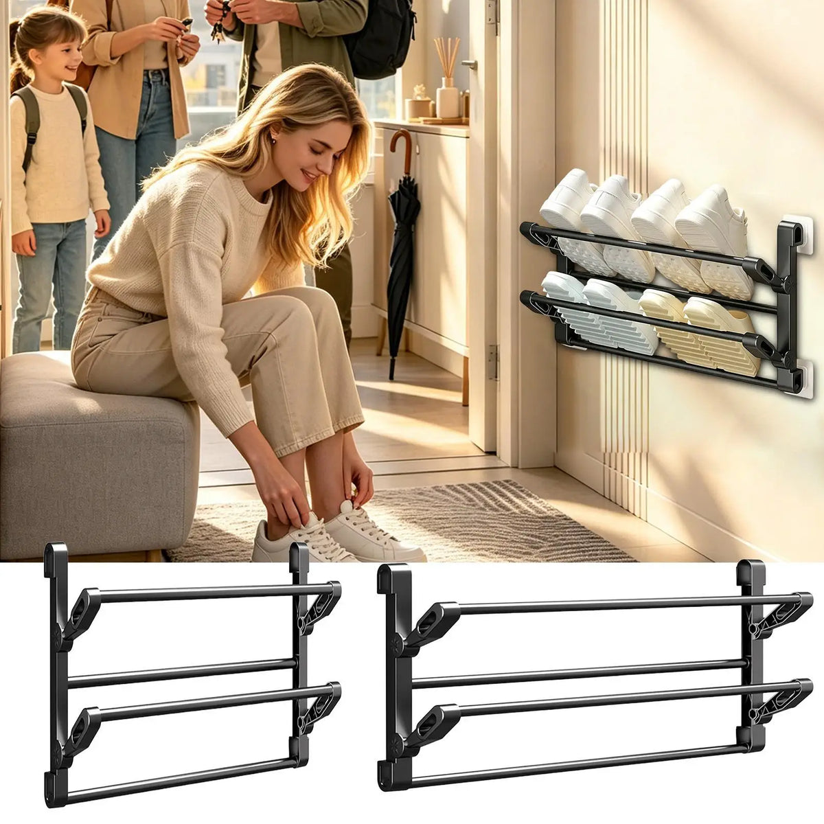 support mural pliable étagère chaussons noir moderne vis fixations rangement