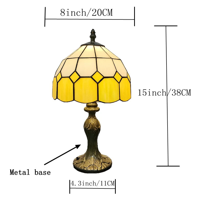 lampe table tiffany hexagonal jaune vert blanc rose violet aluminium nickel brossé led éclairage
