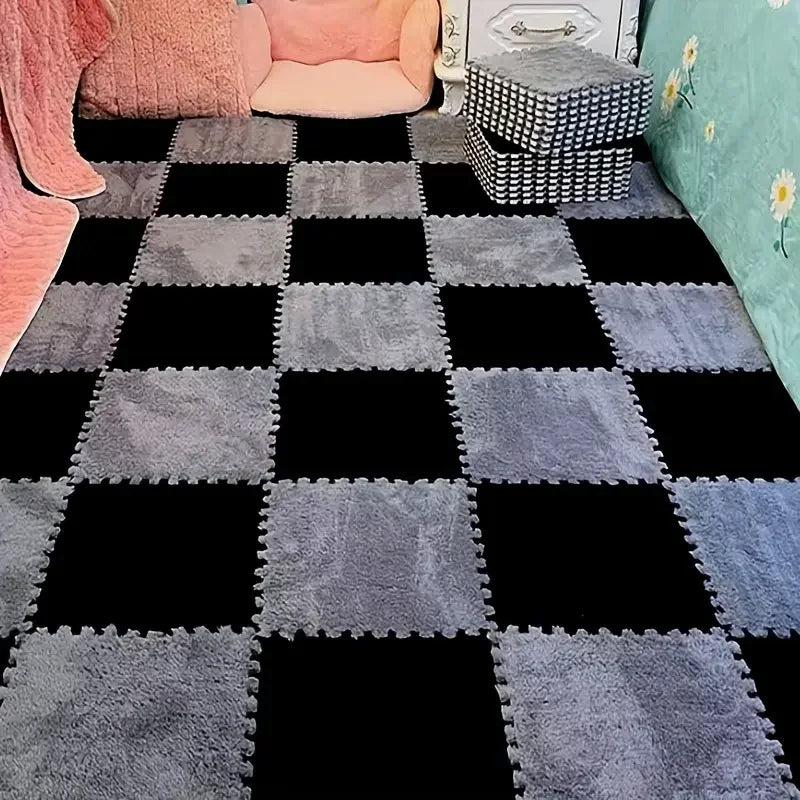 tapis modulables carreaux géométriques 30cm 30cm gris noir marron clair doux moelleux moderne confortable