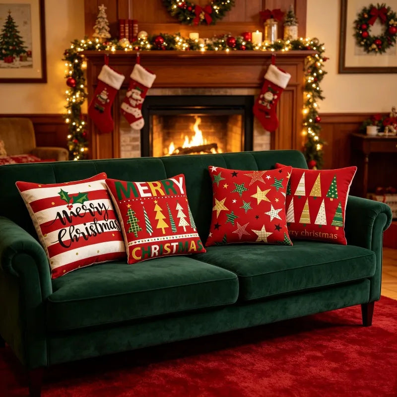 coussins carreaux rouge blanc vert doré sapins étoiles adhésifs décor noël traditionnel festive