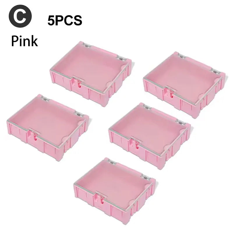 boîtes rangement composants électroniques bleu clair vert rose plastique lisse clips pratique compact