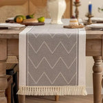 nappe table beige geometrique franges tissage rustique boheme abstrait 180cm 35cm