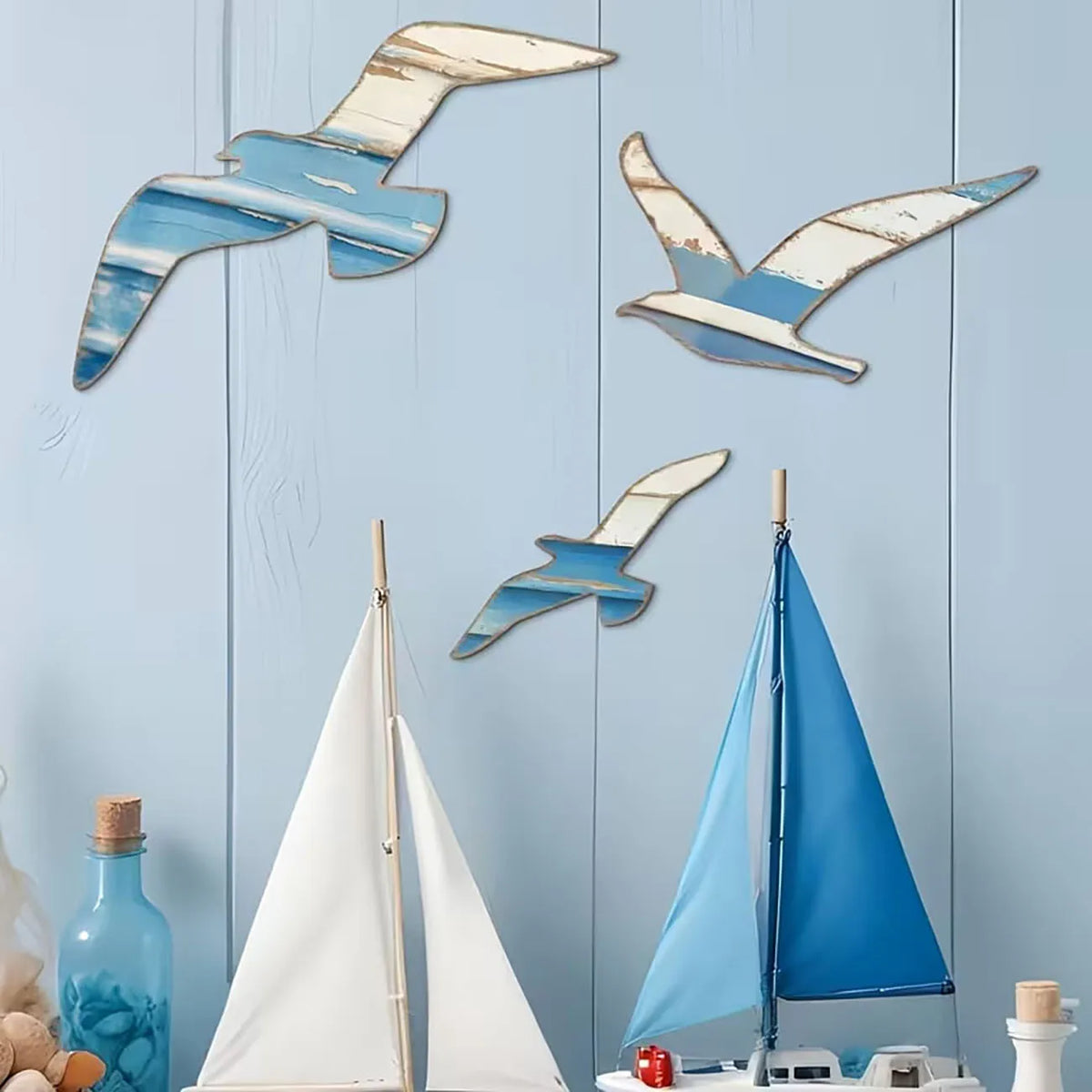 décoration murale oiseaux bois bleu blanc gris adhésif double face artisanal rustique chambre enfant