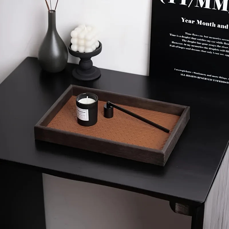plateau rangement bijoux moderne texture losange chevron bois PU noir rouge bronze minimaliste