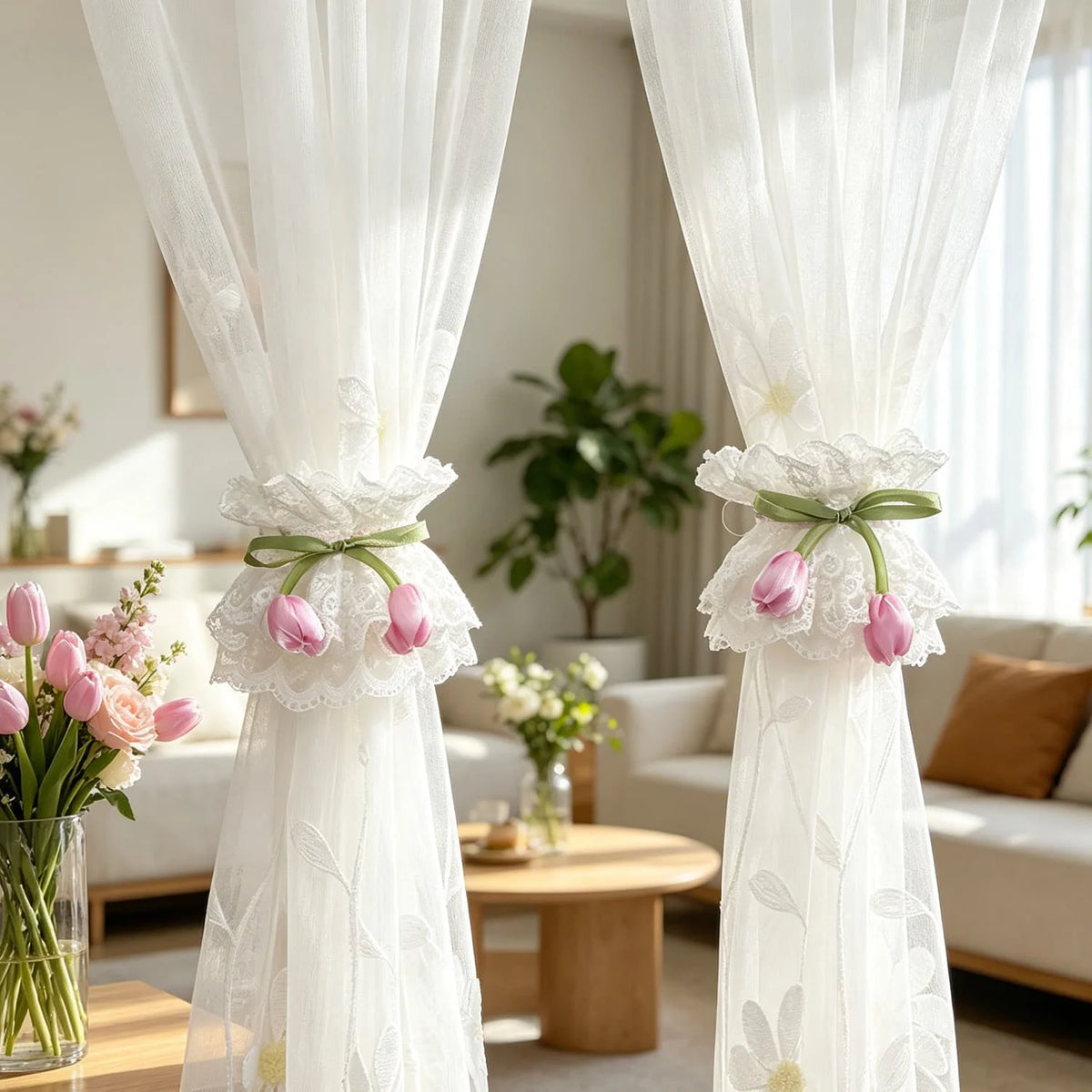 rideau romantique blanc dentelle fleurs jaunes roses ruban transparence décoration chambre salon mariage erotique