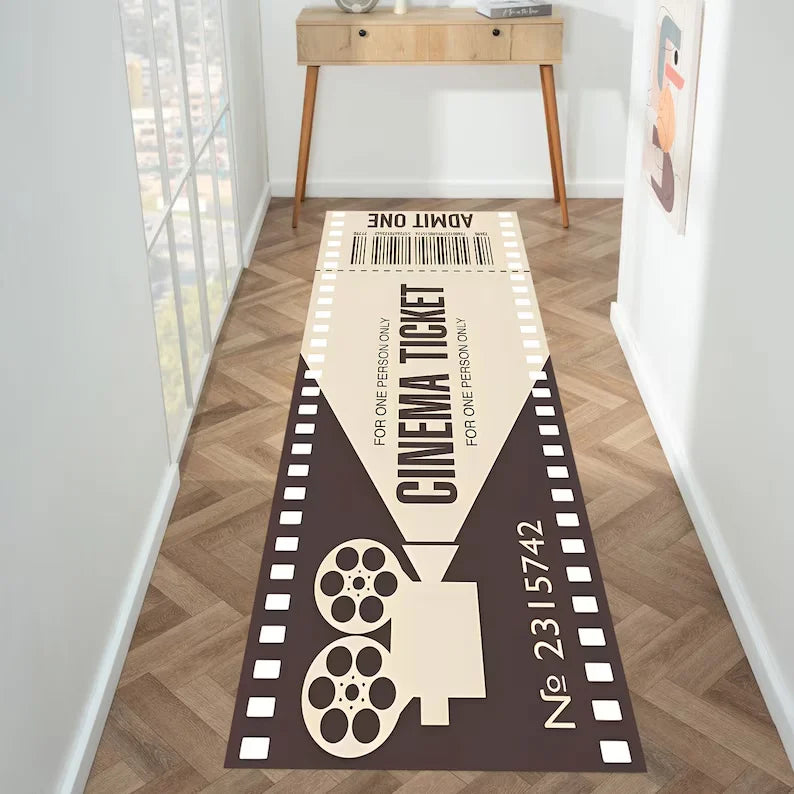 tapis sol cinema billets films pop corn moderne vintage rouge blanc chambre salon