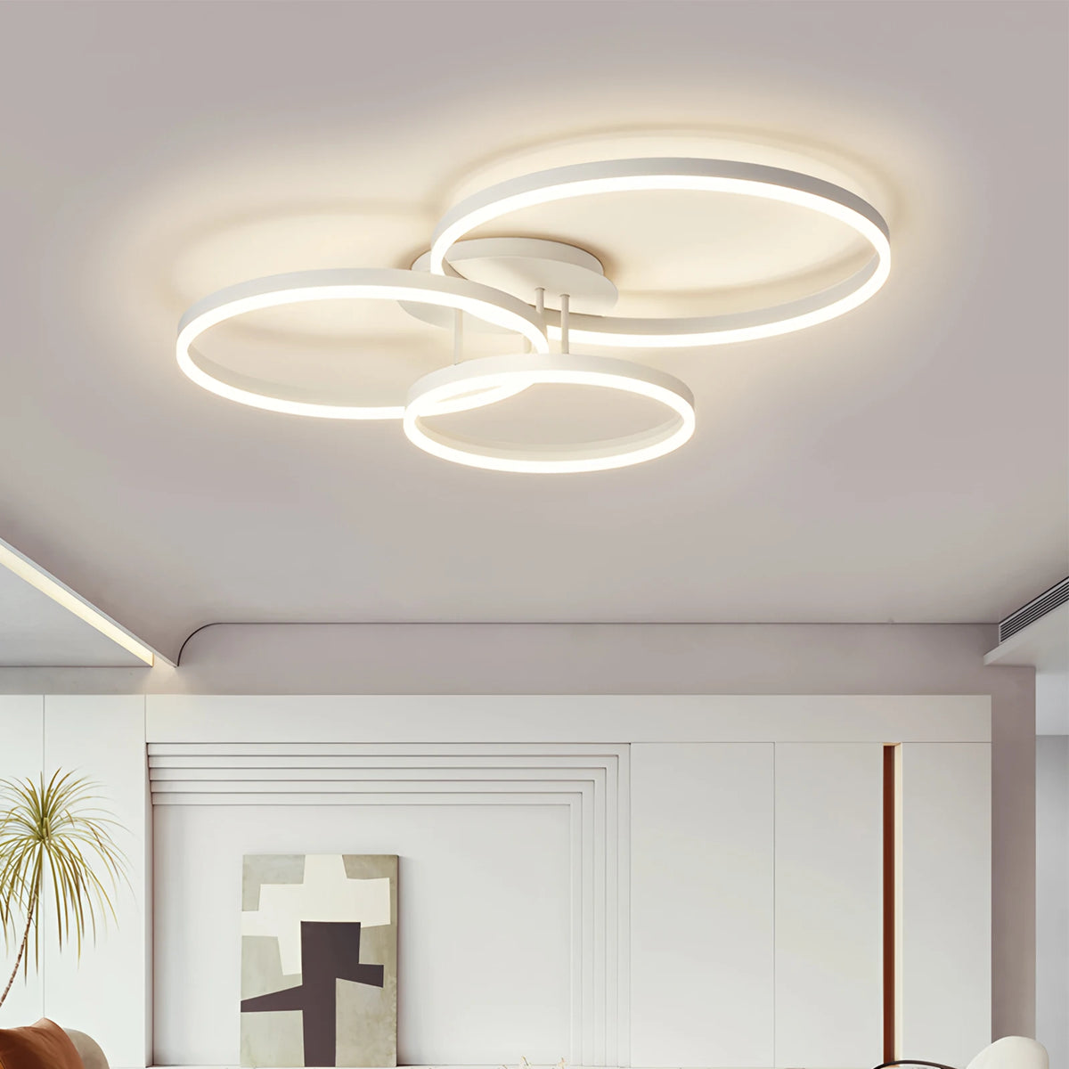 lampe led moderne blanc circulaire relief télécommande flux lumineux variation luminosité minimaliste chambre principale