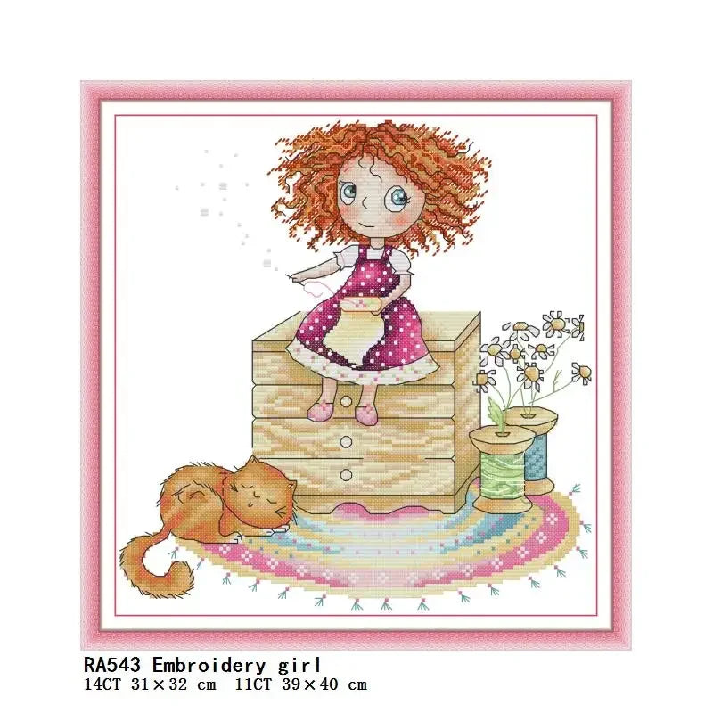 Kit broderie illustration fille chat multicolore toile coton instructions aiguille fils coton dimensions modernes