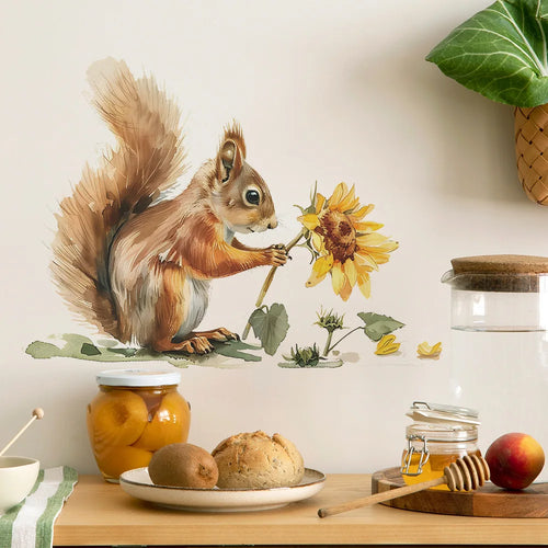 sticker mural écureuil tournesol décoration enfant chambre cuisine animal dessin animé résistant eau pvc