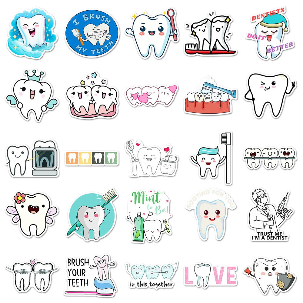 stickers dentaires mignon brosse dents dentifrice dessin animé bleu blanc rose vert noir gris