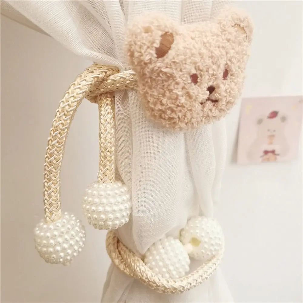 rideau anneau teddy bear coton beige marron noir rose clair décoration douce