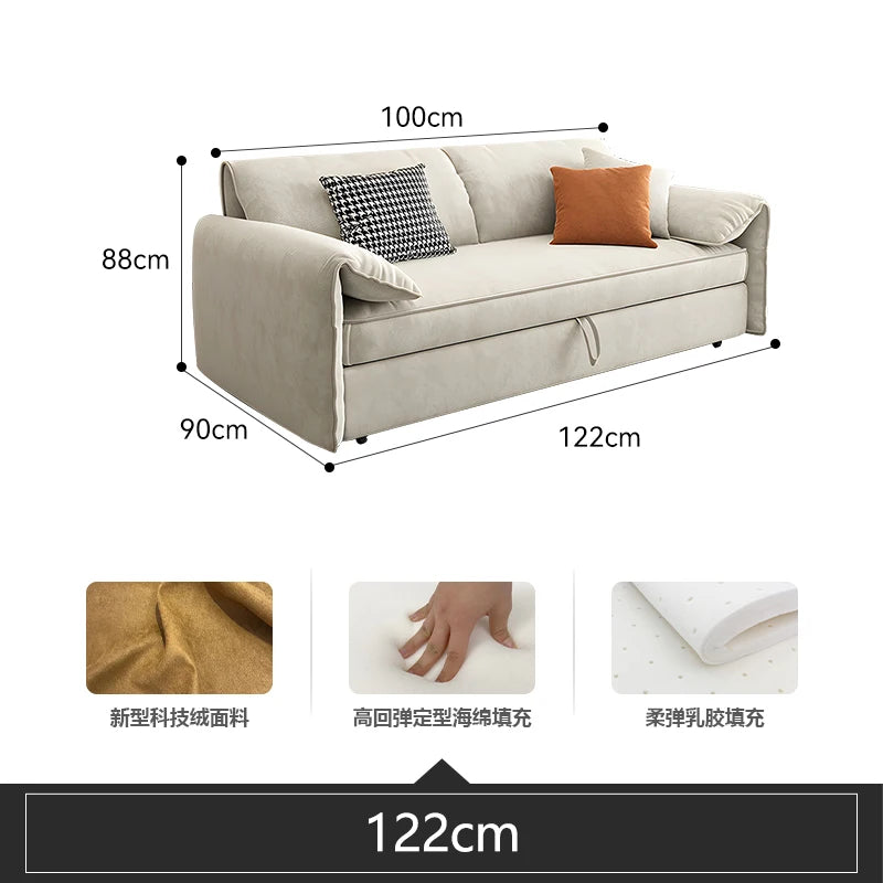 canapé lit pliable moderne beige motif géométrique coussins décoratifs latex confortable salon chambre sofaversible