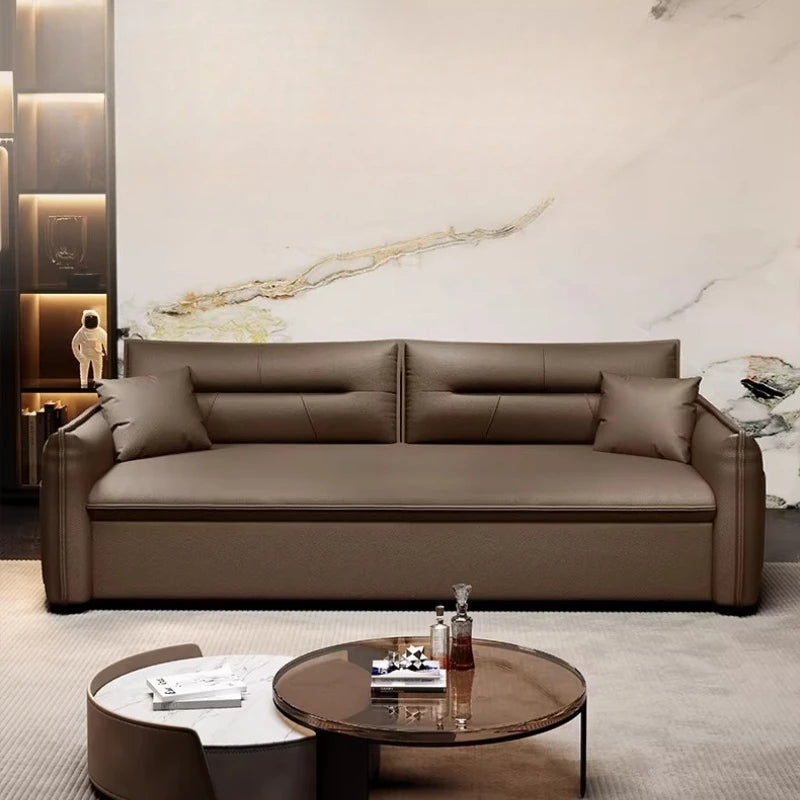 canapé lit moderne marron clair simili cuir scandinave confortable coussins salon maison