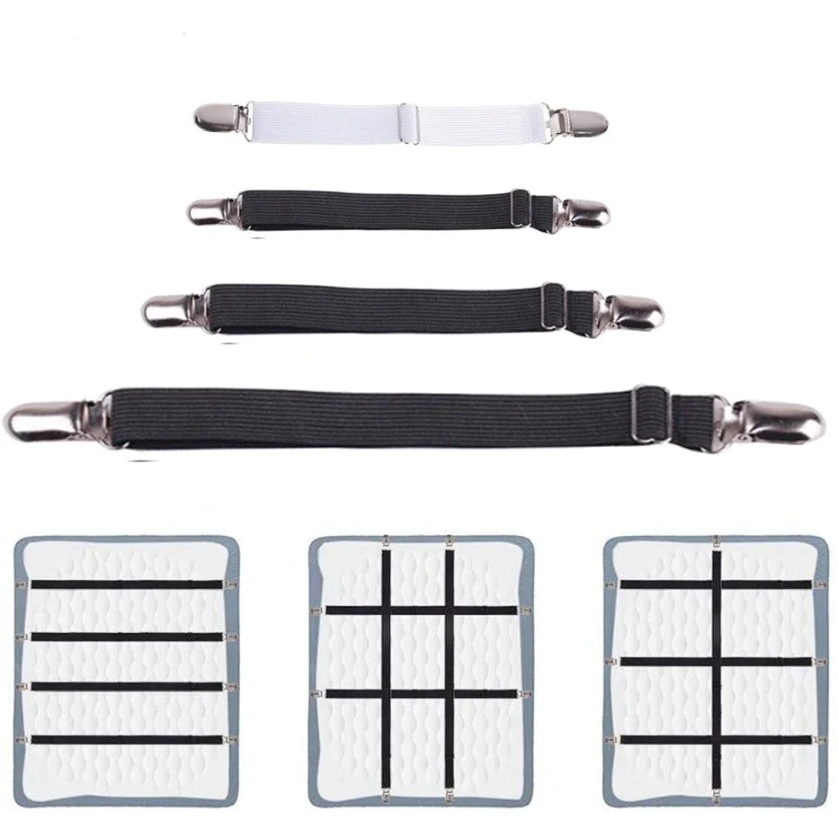 attaches pantalons clips métalliques élastiques noir blanc argenté utilitaires classiques tissu lisse
