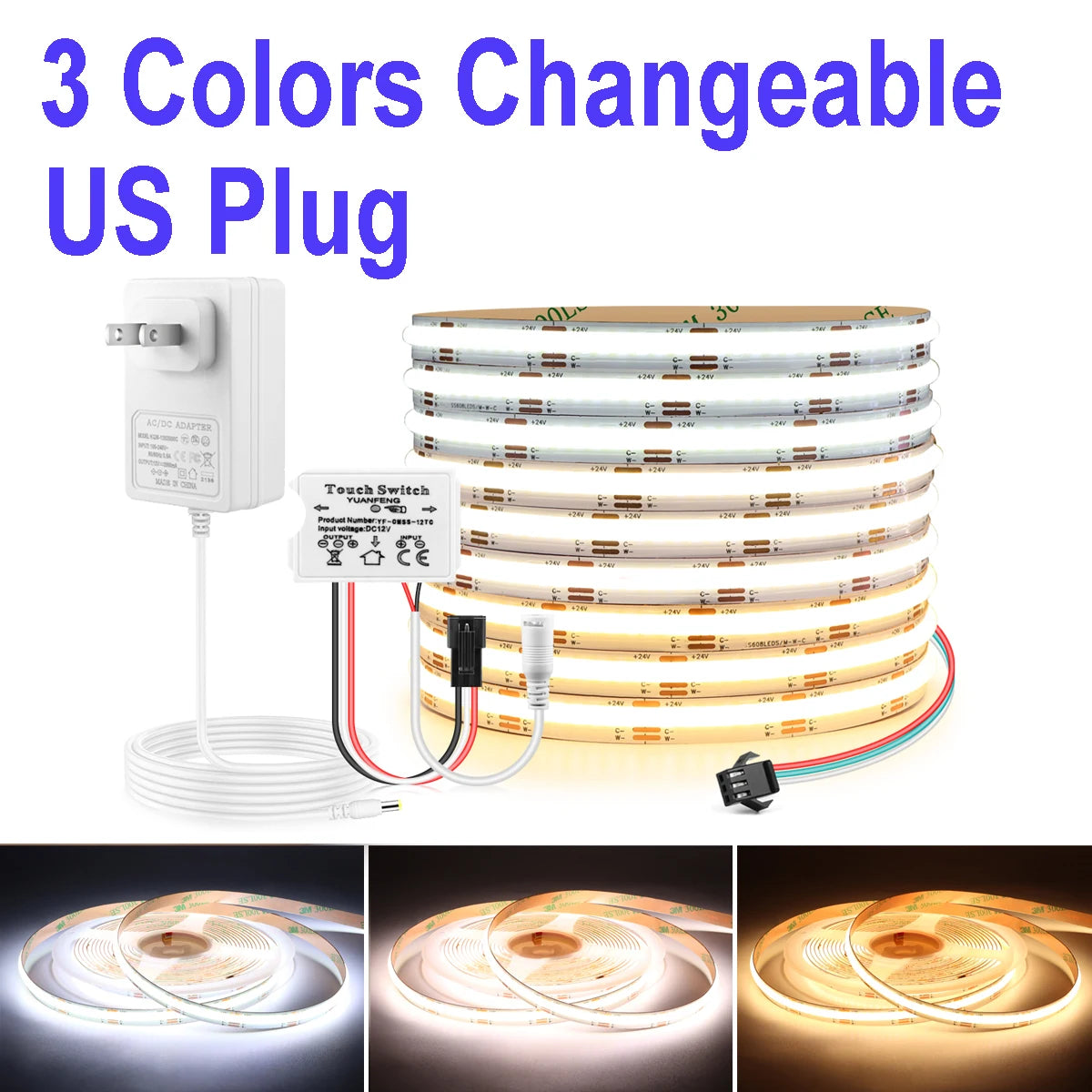 ruban led blanc doré moderne minimaliste adhésif 3000k 4000k 6000k commutateur tactile adaptateur secteur