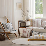 coussin moderne rayé 30x90cm pompons dorés bohème arc ciel pastel