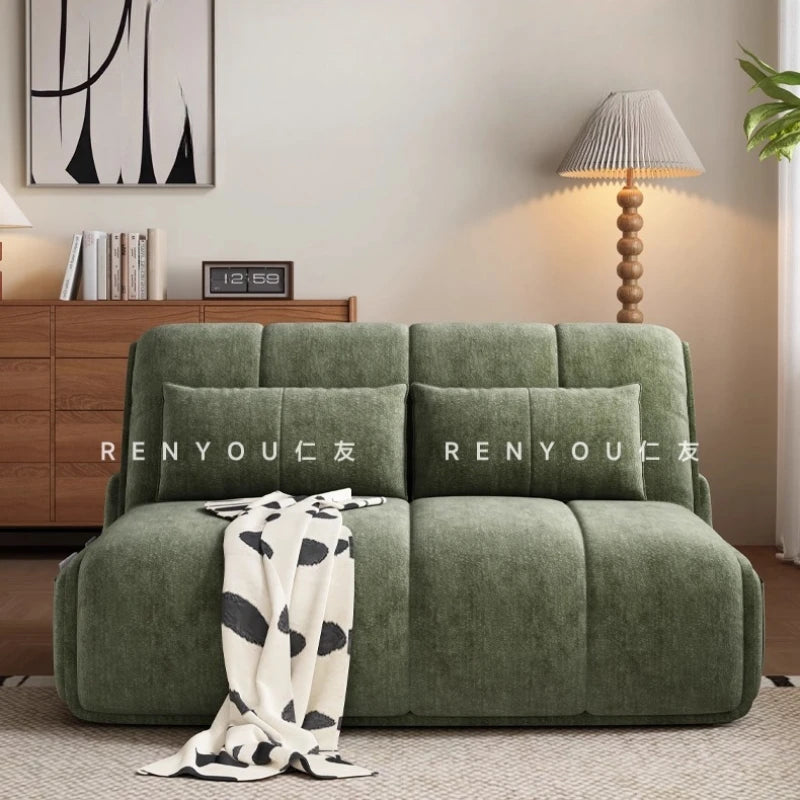 canapé lit velours vert olive moderne coussins couverture salon petit espace