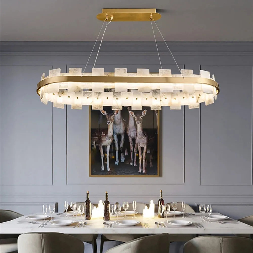 suspension lumineuse moderne blanche dorée veines carrées cuivre salon restaurant