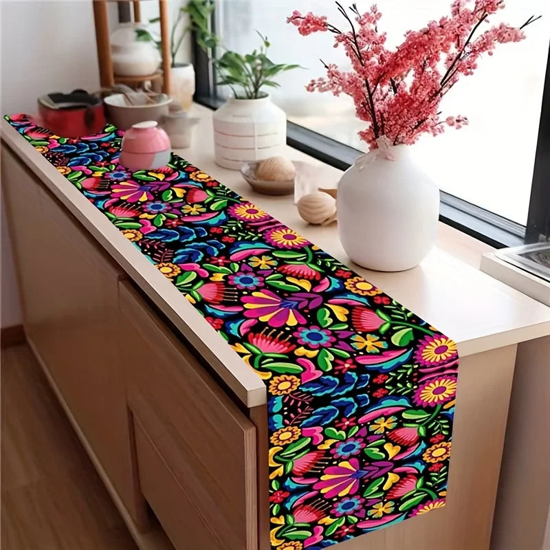 table cuisine chemin table lin motifs floraux coloré festif hiver automne été printemps mexicain