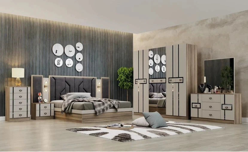 ensemble chambre coucher moderne lit double matelas latex tables chevet armoire miroir commode blanc