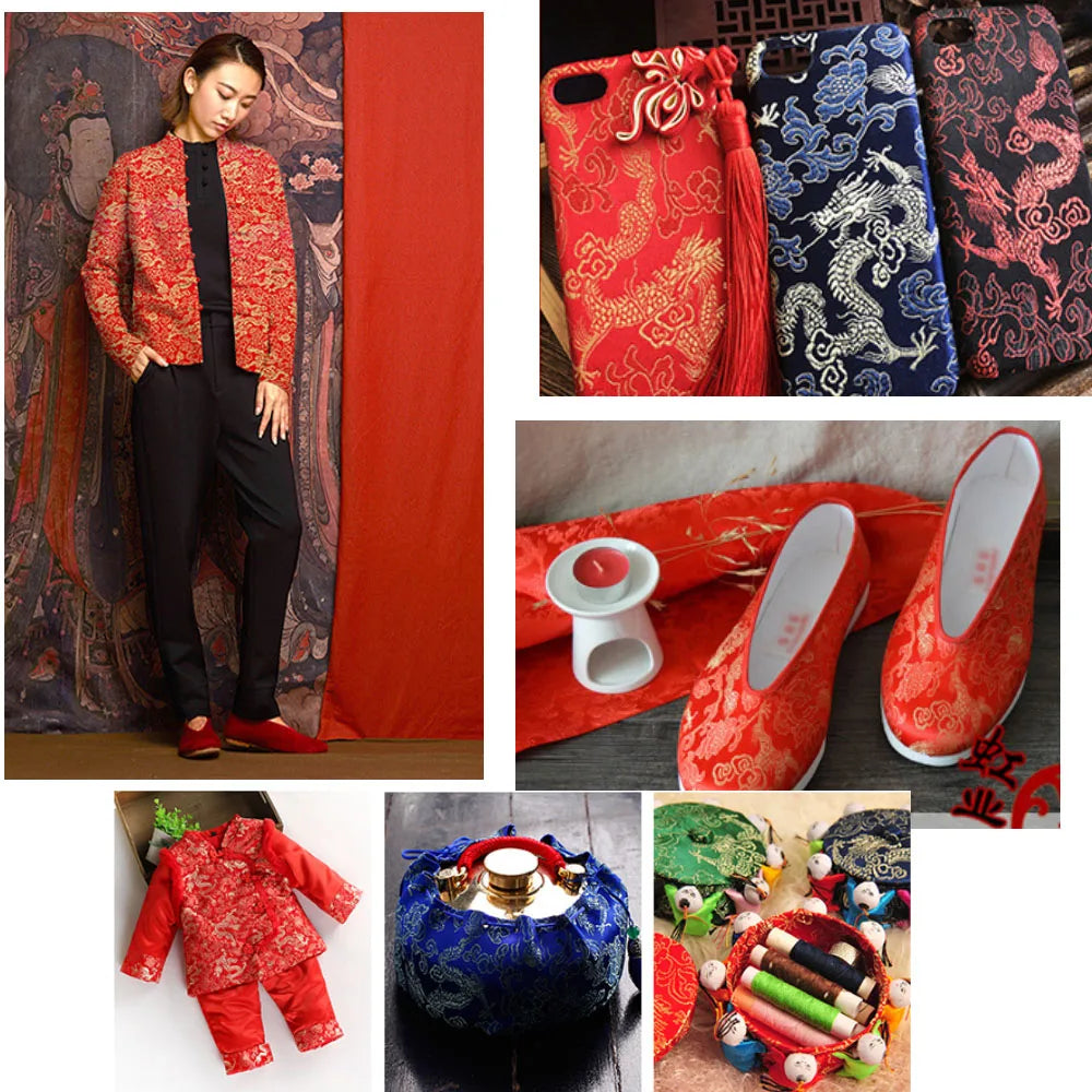 tissu brodé dragon nuages rouge bleu traditionnel opacité jacquard polyester rayon crafting matériaux