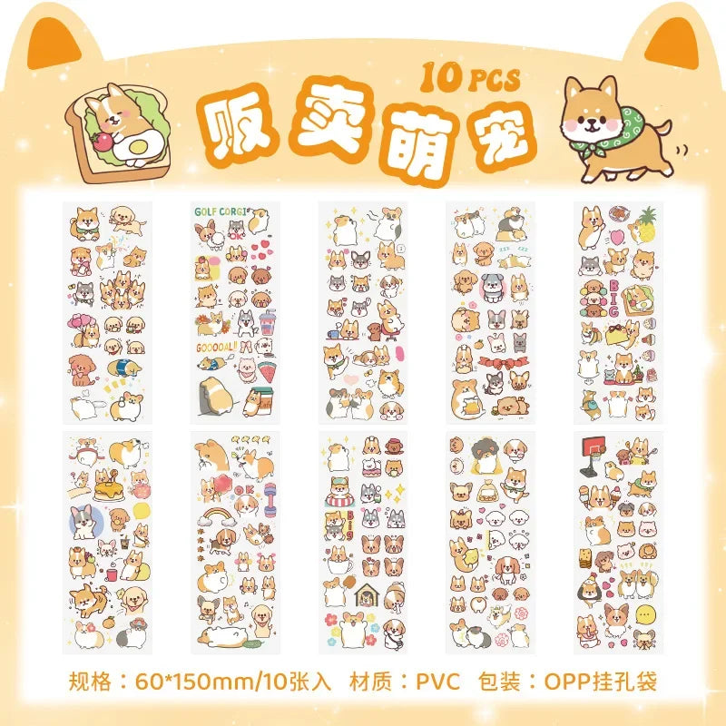 sticker kawaii adhésif dessins animés chats floraux textes scrapbooking transparent rose vert bleu blanc