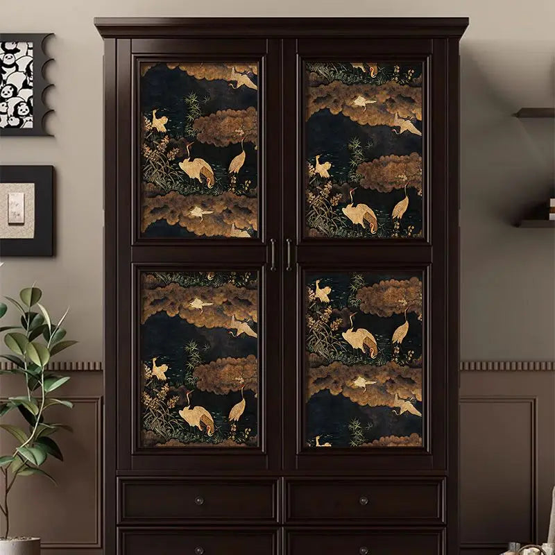 papier peint vinyle autocollant opaque noir beige dore oriental arbres nuages autocollant impermieux