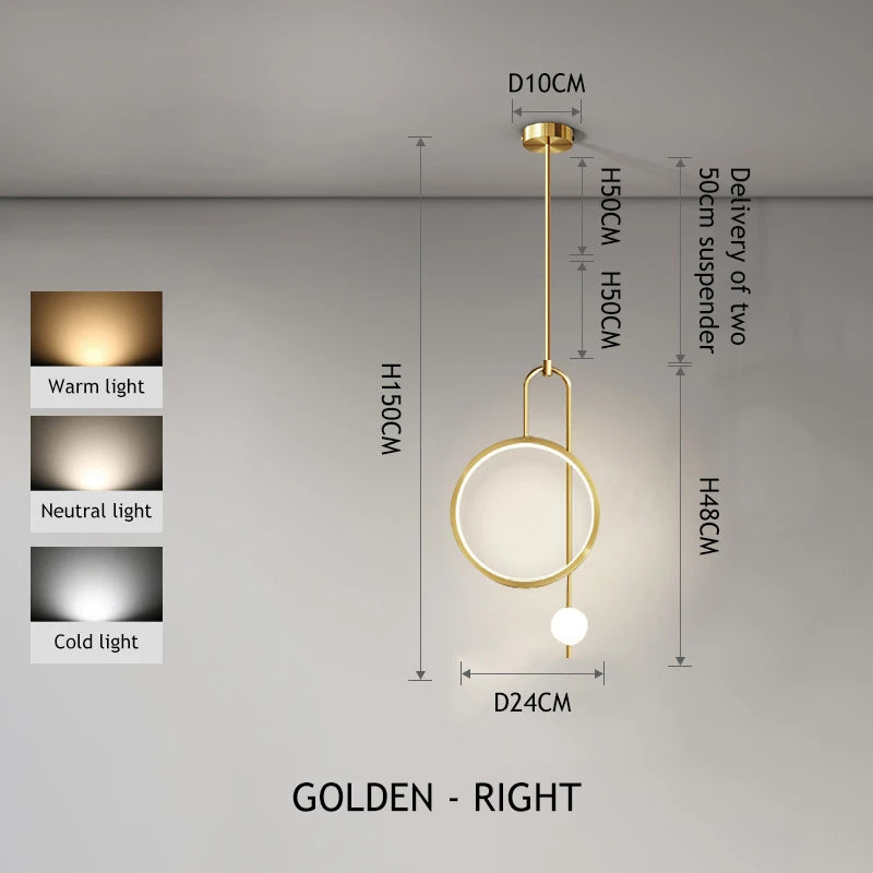 lampe suspendue anneau or noir moderne minimaliste sphère lumineuse chaîne métalliqueflux lumineux haute qualité