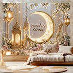 toile décorative ramadan lune dorée lanternes fleurs or blanc rose