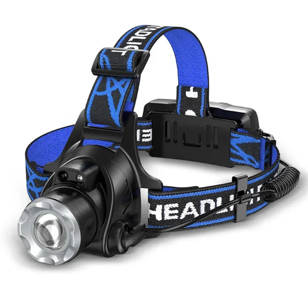 lampe frontale led noire bleue rayées moderne super lumineuse zoomable étanche camping pêche nocturne