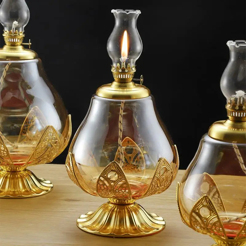 lampe huile transparente dorée motifs floraux classique vintage réglable verre alliage zinc