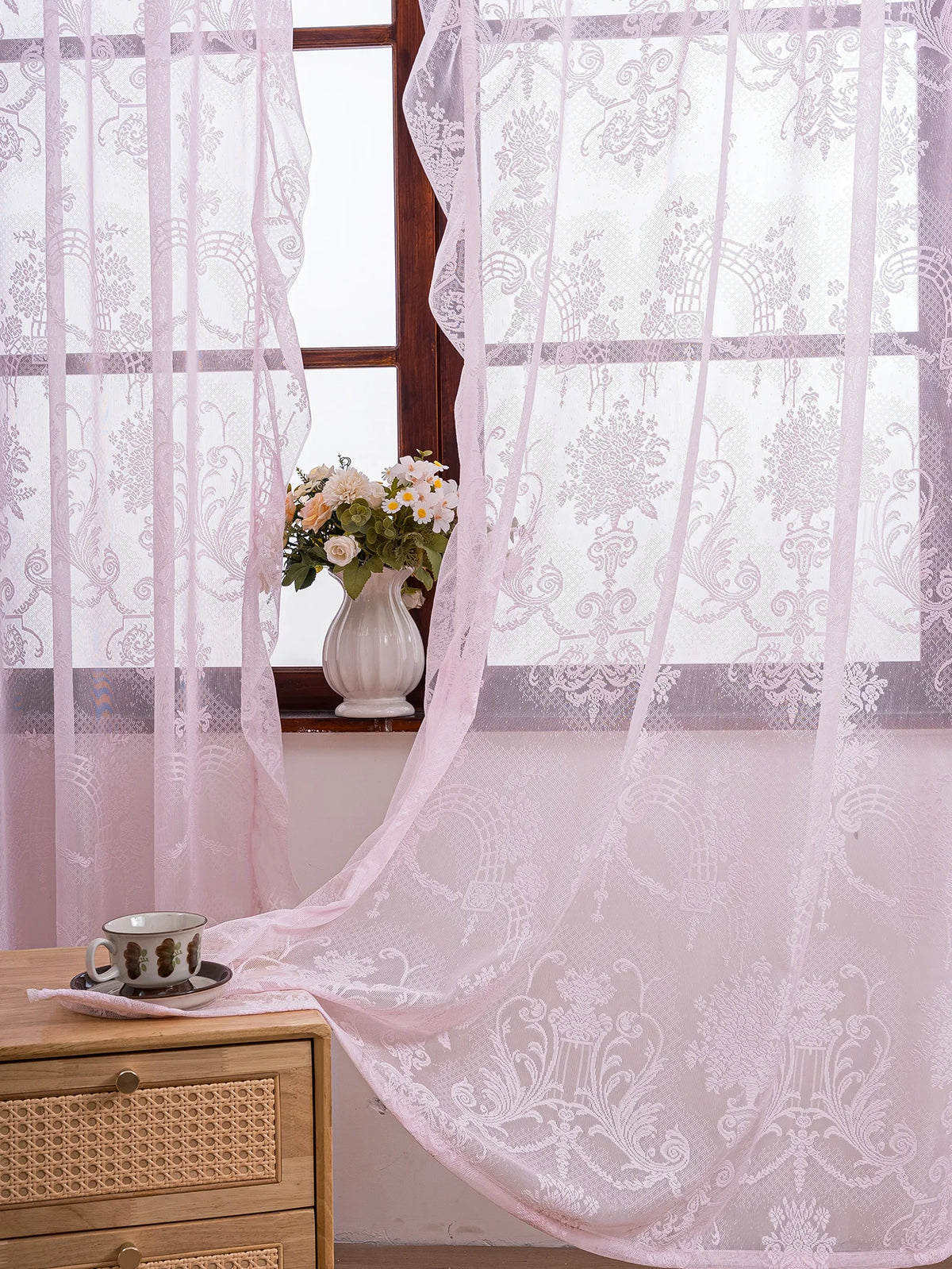 rideau rose broderie florale semi transparent classique polyester 140x100 140x160 140x200 140x220 140x260
