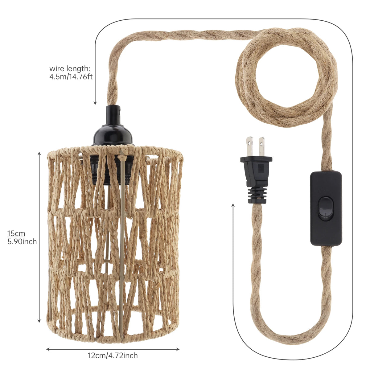 lampe suspendue tressée rustique boho câble électrique interrupteur crochets différentes couleurs chambre salon