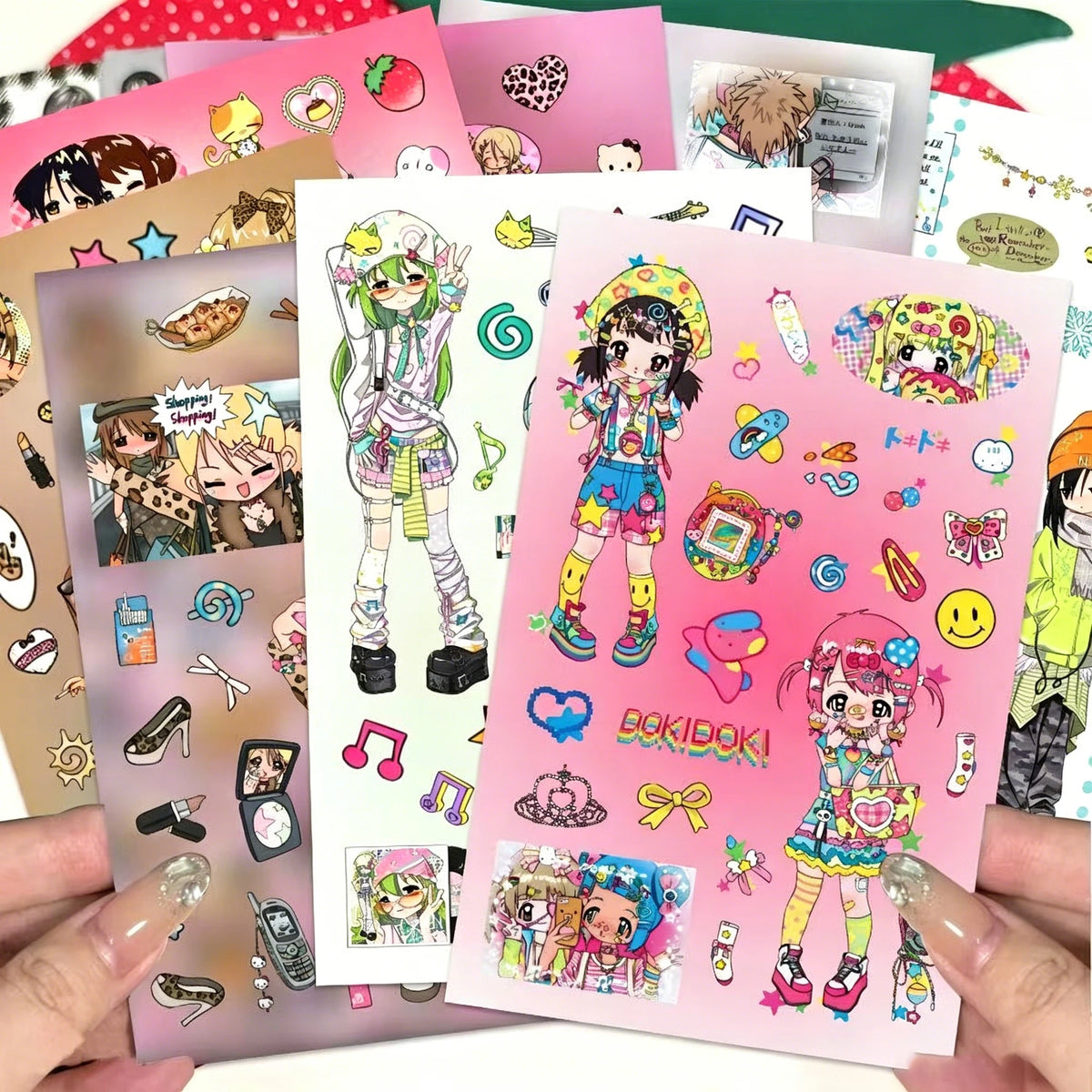 stickers autocollants pop art dessins animés personnages objets motifs imprimés rose beige blanc