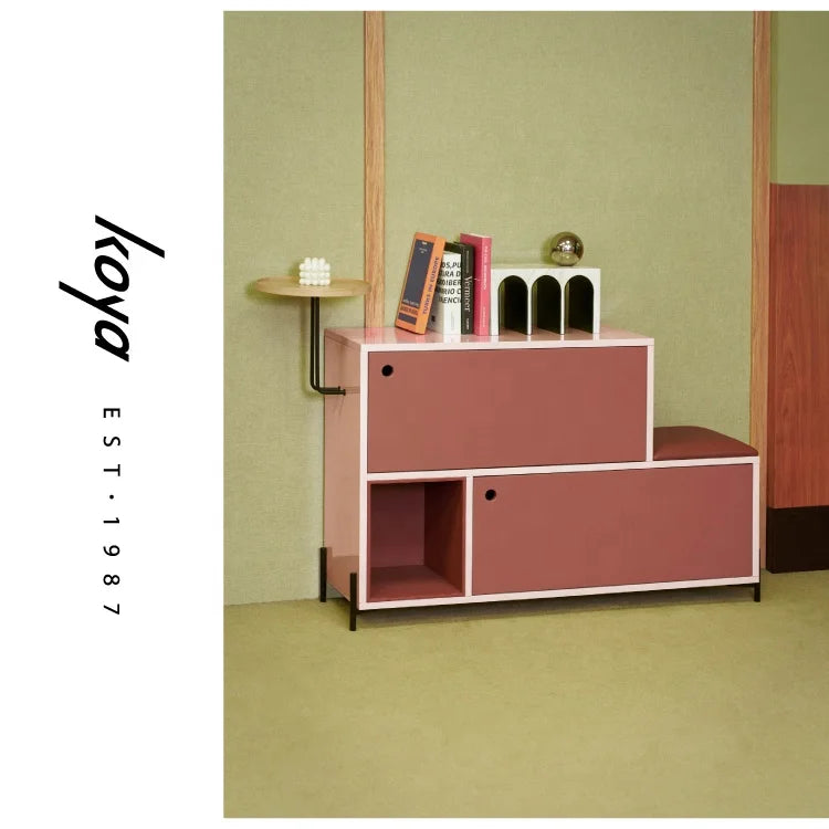 meuble rangement chaussures rose moderne pieds noirs compartiments ouverts minimaliste