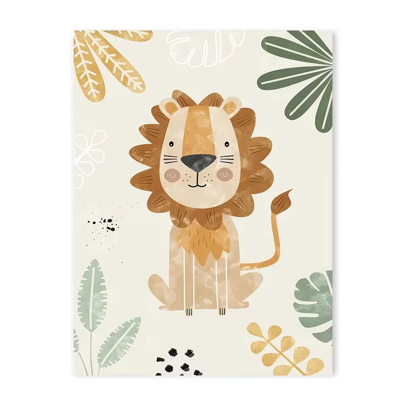 affiche toile animaux jungle lion zebre elephant decor chambre enfant cartoon beige vert