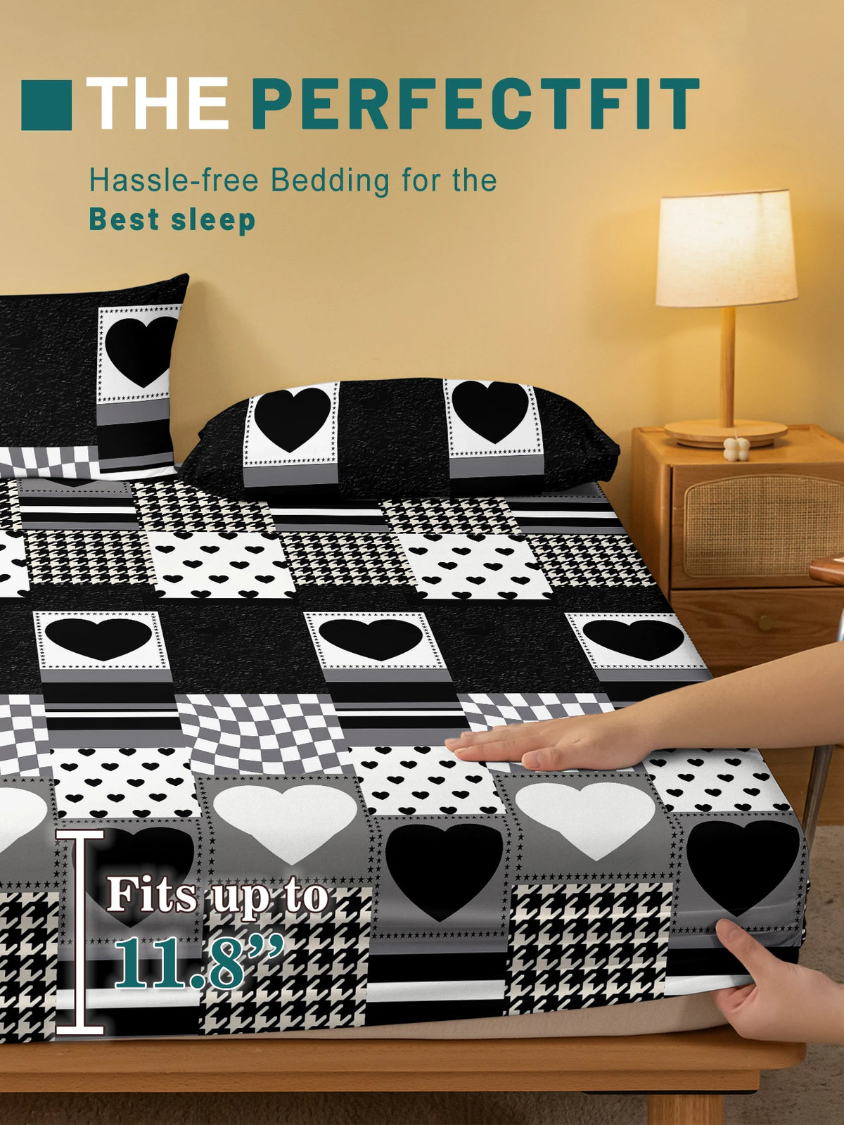 drap housse géométrique moderne noir blanc cœur patchwork polyester lit chambre