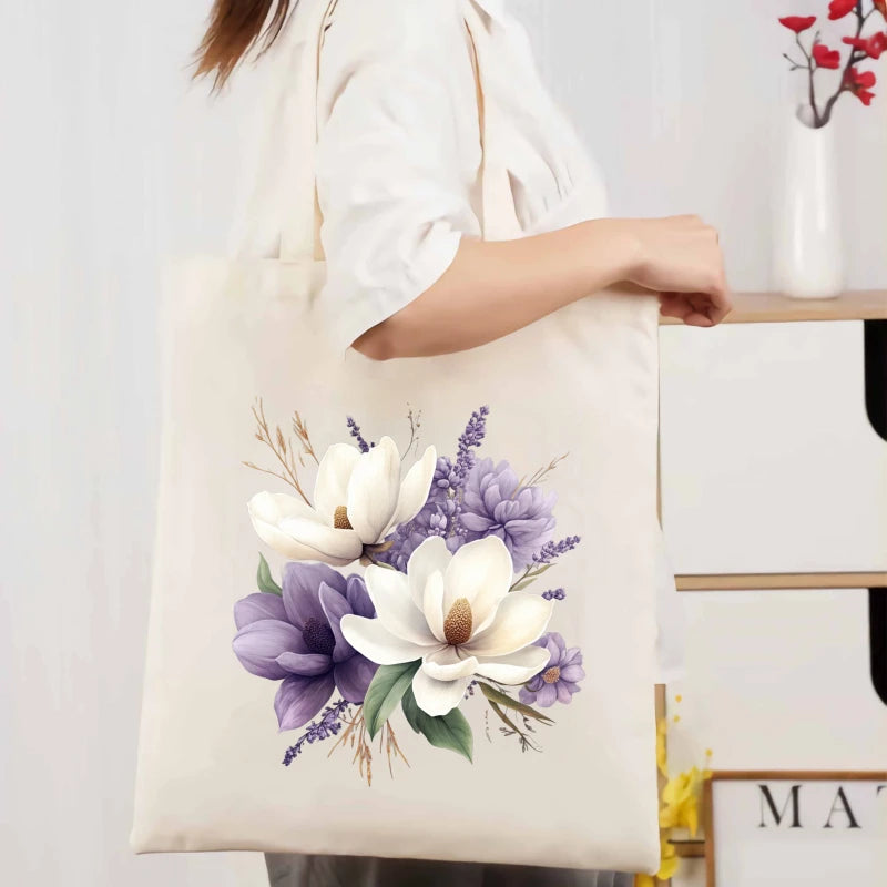 sac main toile beige fleurs blanches violettes poignées réutilisable écologique multifonctionnement
