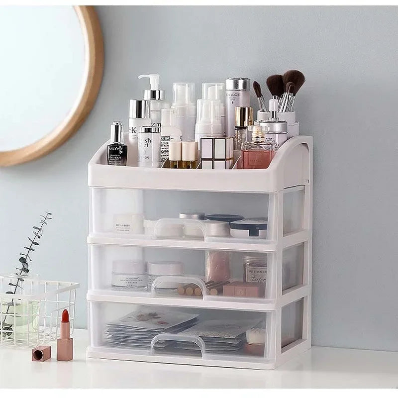 organisateur rangement cosmétiques blanc tiroirs transparents modernes compartments poignées grilles