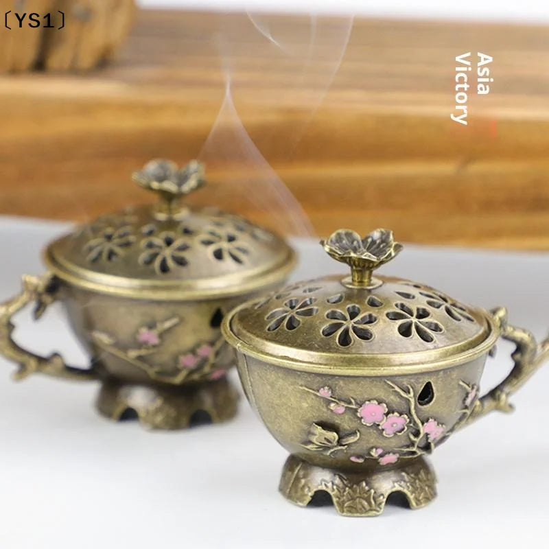 brûleur encens cendrier parfum fleur prunier bronze doré artisanal vintage feuilles vertes roses