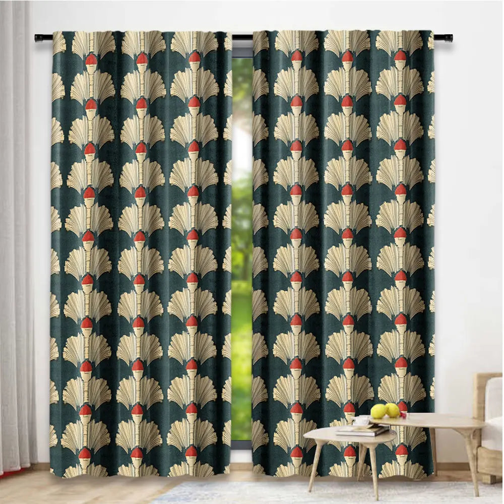 rideaux art deco motifs plumes vert foncé beige rouge opaques 100 polyester pièces