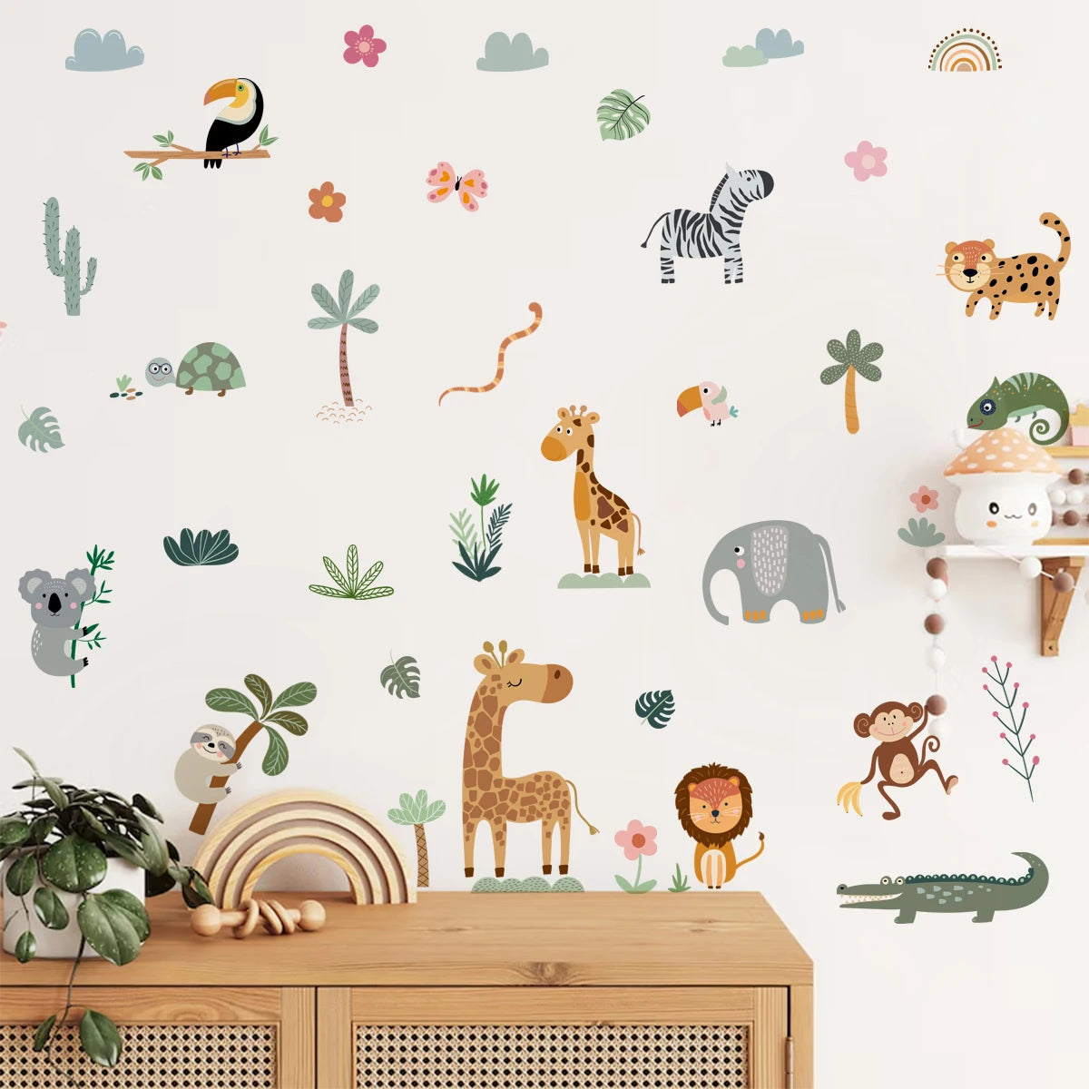 sticker mural animaux dessin animé jungle girafe zèbre léopard éléphant oiseaux plantes chambre enfant