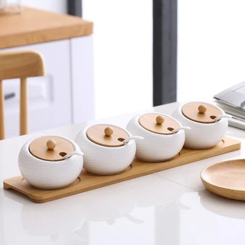 pot épices porcelaine blanc couvercle bambou moderne respectueux environnement cuillères plastique blanc herbes épicées(stockage)