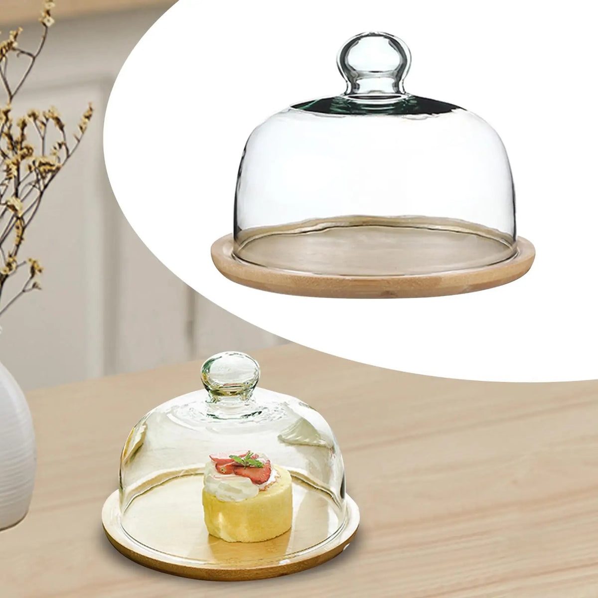 cloche verre couvercle service plateau d'exposition transparente base bois lisse moderne minimaliste