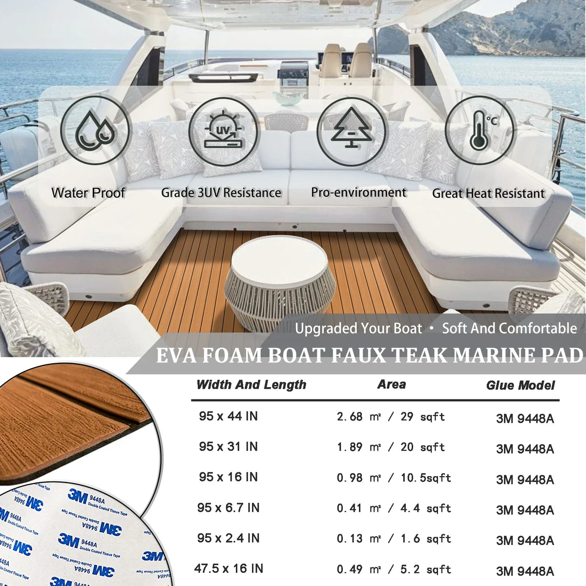 tapis sol bateau mousse EVA rayures horizontales adhésif 3M résistant eau moderne marron clair