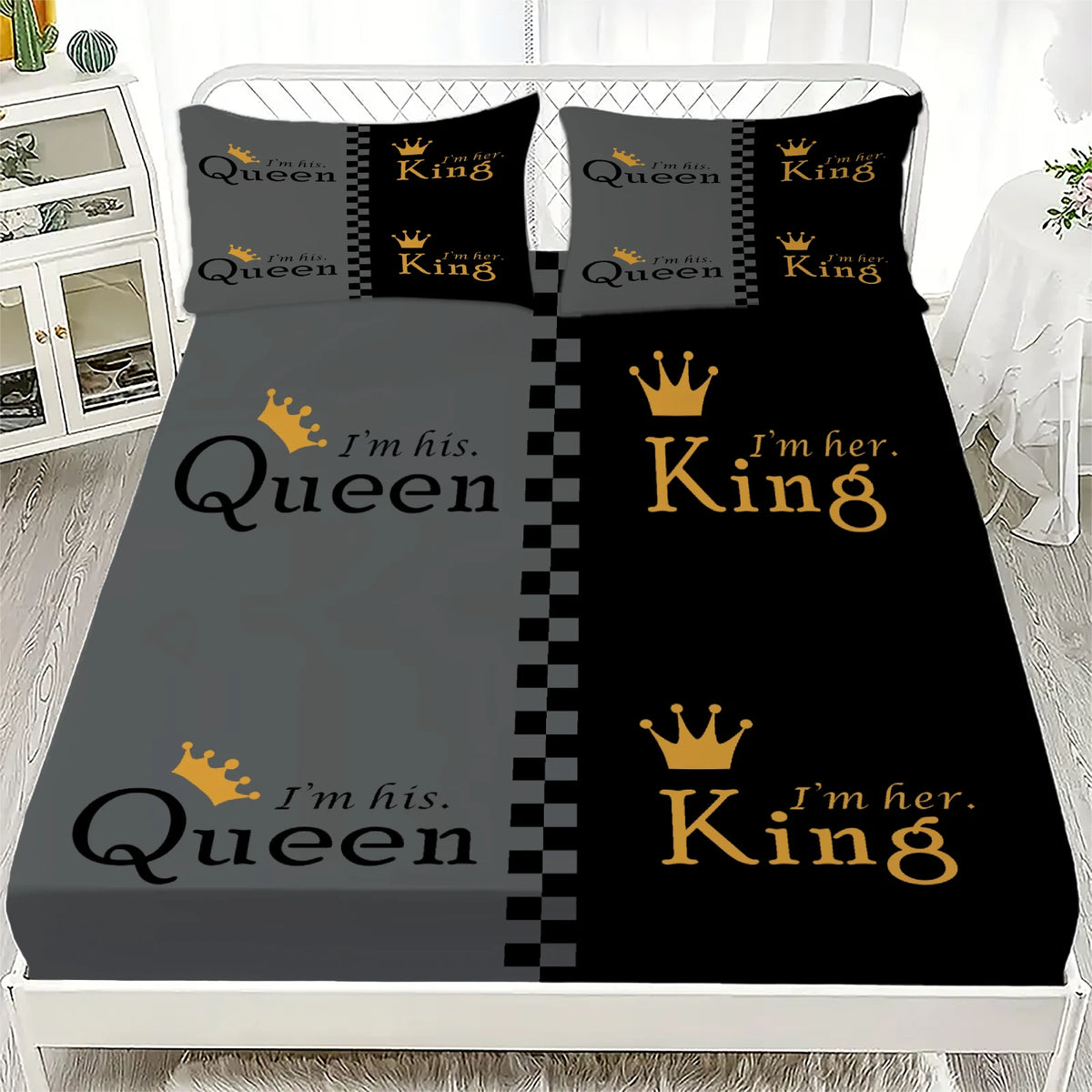 drap housse king queen motif couronne damier moderne élégant noir gris or adultes chambre